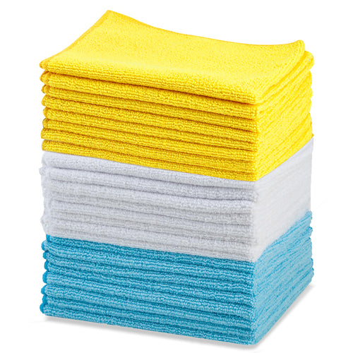 Amazon Basics Microfiber Cleaning Cloths, Lint Free, Absorbent, Streak Free, Non-Abrasive, Reusable and Washable, Pack of 24, Blue/White/Yellow, 16