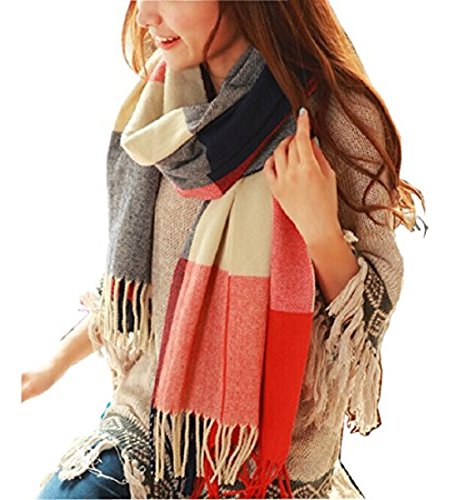 Wander Agio Women's Fashion Long Shawl Big Grid Winter Warm Lattice Large Scarf Orange Red Winter